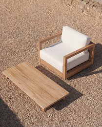  Natural wood outdoor coffee table, rectangular shape, light tan finish, modern minimalist design, low profile.