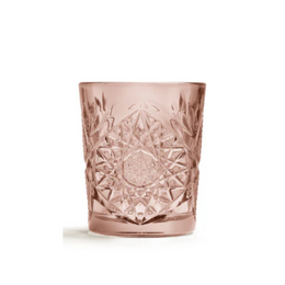 A set of 6 Hobstar Rose 355 ml longdrink glasses in a pink color, featuring a decorative star-shaped pattern etched into the glass.