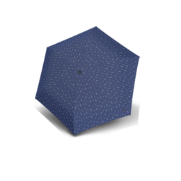 A navy blue, lightweight, automatic folding umbrella with a polka dot pattern.