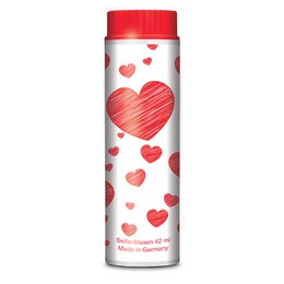 A pack of small heart-shaped bubbles for play and entertainment, featuring a red and white design with many heart shapes.