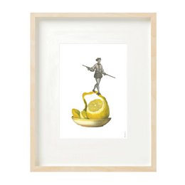 A collage print featuring a figurine standing on a lemon slice, surrounded by a yellow background. The print has a whimsical, artistic style.