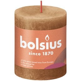  A tall, round, brown pillar candle from the Bolsius brand, suitable for home decor and ambiance.