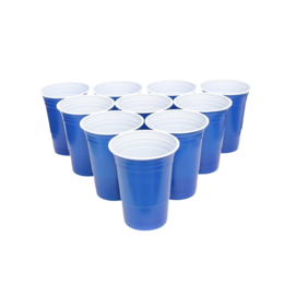 Blue plastic beer pong cups with white lids, 50 pieces. The cups are designed for the popular party game beer pong.