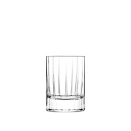 Clear, cylindrical shot glass with vertical ridges, suitable for serving liqueurs or other small cocktails. Capacity of 70 ml, sold in a pack of 4.
