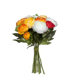  Bouquet of vibrant orange, red, and white artificial flowers with green leaves, arranged in a natural setting.