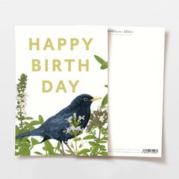 Postcard with a birdcage containing flowers and a hummingbird, made from FSC certified materials.