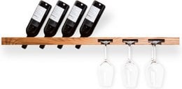 Tu Las™ Portabottiglie di vino in legno con bicchieri da vino e portabicchieri da champagne - 94 x 22 x 4 cm - Portabottiglie galleggiante - Montaggio a parete - Legno di quercia