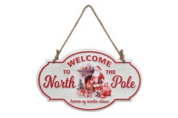  Metal sign with "Welcome to the North Pole" text and Santa Claus image. Rectangular shape, 30x18.5 cm in size, with a hanging rope.