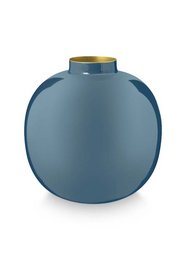 A light blue metal vase with a round, spherical shape measuring 23cm in height.