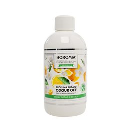 A 500 ml bottle of Horomia washing perfume that removes odors. The product is a room spray with a fresh, citrus scent.