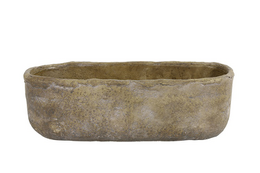 A gray, oval-shaped plant basket made of natural materials. The basket has a rustic, weathered appearance and is suitable for holding small plants or decor.