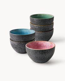  Set of 6 ceramic bowls in a variety of colors including green, blue, and pink. The bowls have a speckled, textured exterior and a smooth, glazed interior. Suitable for serving food, cereal, or snacks.