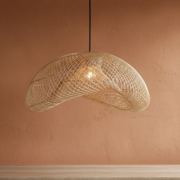  Large, organic-shaped pendant lamp with natural woven rattan shade.