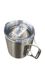 Stainless steel travel mug with clear lid, 280ml capacity, suitable for hot and cold beverages.
