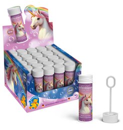 Colorful 70ml bubble solution bottle with a red cap and bubble wand. Designed for children's entertainment and play.