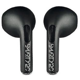 Black Bluetooth earbuds with tribal charging case. Wireless music accessories with long battery life, compatible with Android and Windows devices.