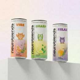  "Colorful energy drinks with animal illustrations: orange tiger vibe, green frog sharp, purple cat relax flavors"