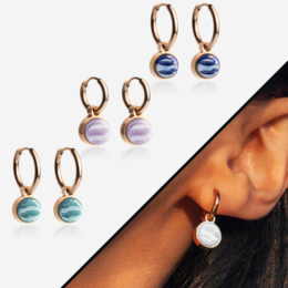 Rose gold hoop earrings with pendant in various stone colors including apricot, azurblau, graphitgrau, and more. Mix and match earrings available in 12mm and 16mm sizes.