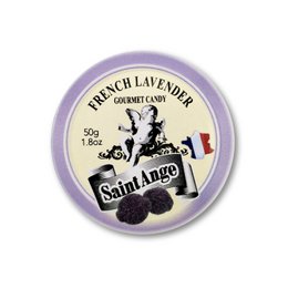 Lavender-flavored bonbons in a round tin container with the Saint Argos brand logo.