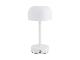  A modern, minimalist table lamp with a white dome-shaped shade and a cylindrical base. Powered by LED lighting for energy efficiency.