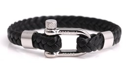 Black braided leather bracelet with silver-tone clasp and hardware.