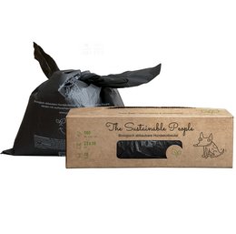 Black biodegradable dog waste bags in a dispenser box, 160 bags per box, for convenient poop cleanup.