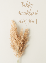 A card with a message in Dutch that says "Dikke smakkerd voor jou!" which translates to "Big smack for you!" The card features a decorative dried plant or flower arrangement.