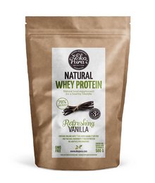 Natural whey protein powder in vanilla flavor, high in protein, low in carbs and fat.