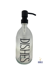 Transparent glass soap dispenser with black 'Dishes' premium design, 500ml capacity.