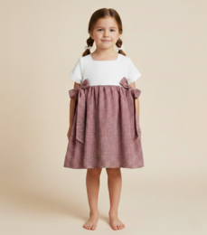  A pink and white gingham dress for girls, featuring a white top and a full, flared skirt in a pink and white gingham pattern. The dress has short sleeves and a classic, feminine style.