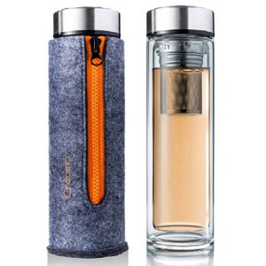 Creano Exclusive Thermo-Teamaker tea bottle, double-walled with stainless steel strainer and lid in an elegant felt bag, orange (400ml) in a high-quality gift box