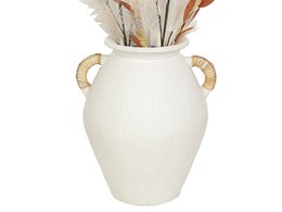 Terracotta vase with wicker handles, H472322, used for plant stands. The vase is white in color and has a rounded shape with two wicker handles on the sides.