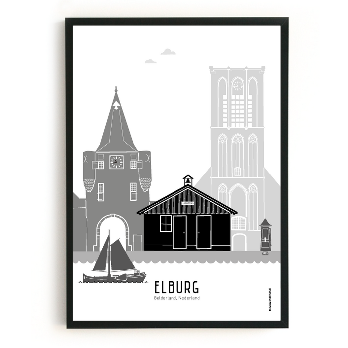 Poster skyline Elburg zwart-wit-grijs