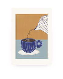  A poster featuring a stylized illustration of a steaming cup of coffee against a warm, orange background. The cup has a bold, geometric design in shades of blue.