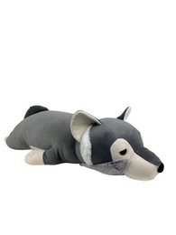  Plush gray wolf stuffed animal, extra large size measuring 74 cm in length, soft and cuddly with detailed features.