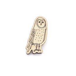 Wooden pin in the shape of an owl, featuring a round black button eye and a detailed design. Suitable for use as a brooch or decorative accessory.