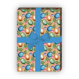 Colorful Easter egg wrapping paper with a repeating pattern of painted Easter eggs in various pastel colors on a beige background.