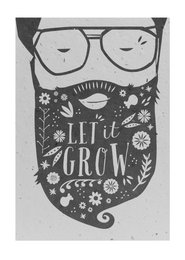 A postcard with the text "Let it grow" surrounded by a floral illustration featuring flowers, leaves, and a whimsical design.
