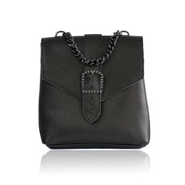 Black leather backpack with chain strap and buckle detail.