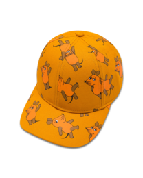 Orange baseball cap with all-over mouse print, suitable for kids aged 1-8 years.