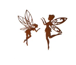 Whimsical garden sculpture featuring two dancing fairy silhouettes with wings and flowing dresses. The sculpture is made of metal and has a rustic, natural appearance.