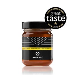 Greek honey from wild herbs and thyme, 250g. Rich, aromatic honey with a deep golden color and a complex, floral flavor profile.