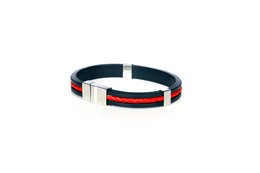Red and navy blue striped bracelet with metal accents, available in medium (19 cm) and large (20 cm) sizes.