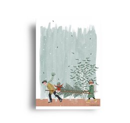 Whimsical Christmas postcard with two people carrying a tree through a snowy forest.

The image depicts a whimsical Christmas postcard featuring two people carrying a Christmas tree through a snowy forest. The scene has a playful, illustrated style with muted green and blue tones. The postcard appears to be part of a "Christmas" series, as indicated by the text on the card.