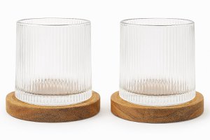 Whiskyglas Set 2 - Luxuskristallglas mit hölzernen Untersetzern - Geschenkset für Whisky -Fans - altmodisches Glas - transparent