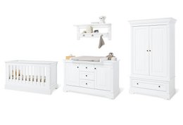 A white, wooden nursery furniture set including a cot bed, changing unit, wardrobe, and wall shelf. The set has a classic, traditional style with clean lines and a neutral color palette.
