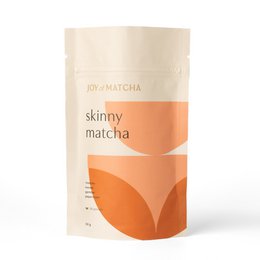 Skinny matcha tea in a beige and orange package. The tea is marketed as a slimming tea made with matcha green tea powder.