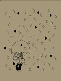 A gold paper poster featuring a person with an umbrella in the rain. The poster is suitable for a kid's room.