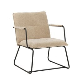 Beige armchair with black metal frame, upholstered in a neutral fabric, suitable for living room or office.
