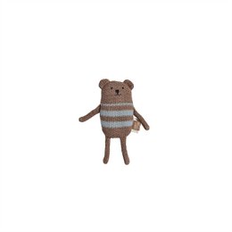 A soft, plush brown bear rattle with a striped knit sweater. Suitable for babies and young children.